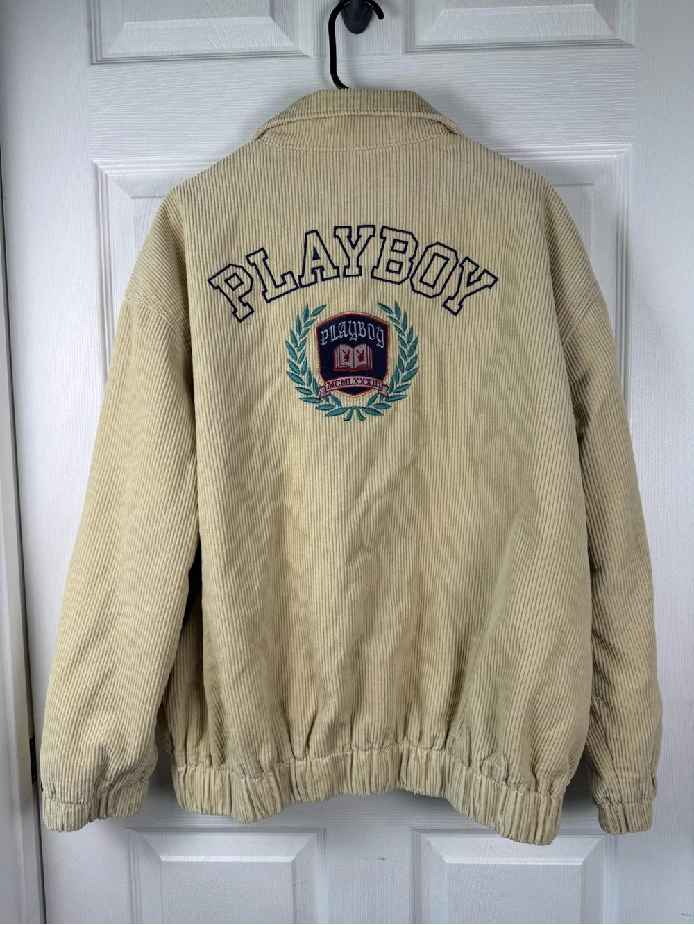 PacSun Beige Corduroy Bomber Jacket with Navy 'PB' Applique